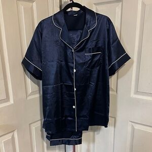 Navy Satin Pajama Set with White Piping